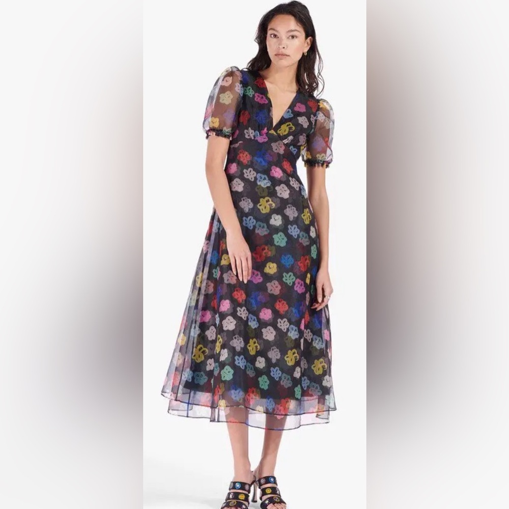 STAUD Black Floral Midi Dress